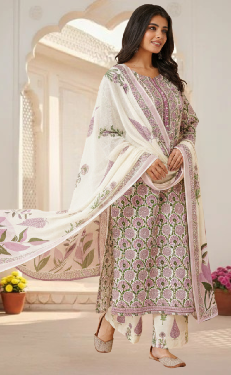 Purple Garden Jaipur Cotton Kurti With Pant And Dupatta Set. Pure Versatile Cotton. | Laces and Frills - Laces and Frills
