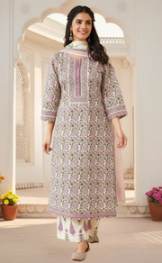 Purple Garden Jaipur Cotton Kurti With Pant And Dupatta Set. Pure Versatile Cotton. | Laces and Frills - Laces and Frills