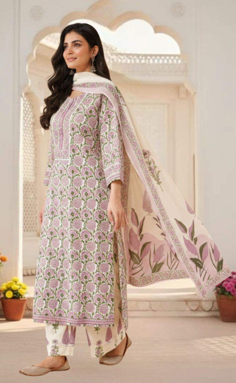 Purple Garden Jaipur Cotton Kurti With Pant And Dupatta Set. Pure Versatile Cotton. | Laces and Frills - Laces and Frills