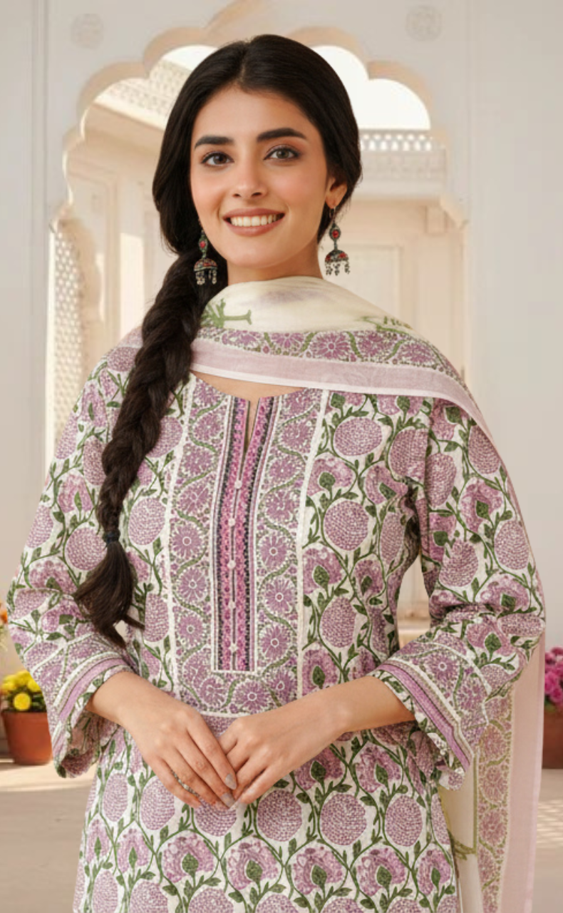 Purple Garden Jaipur Cotton Kurti With Pant And Dupatta Set. Pure Versatile Cotton. | Laces and Frills - Laces and Frills