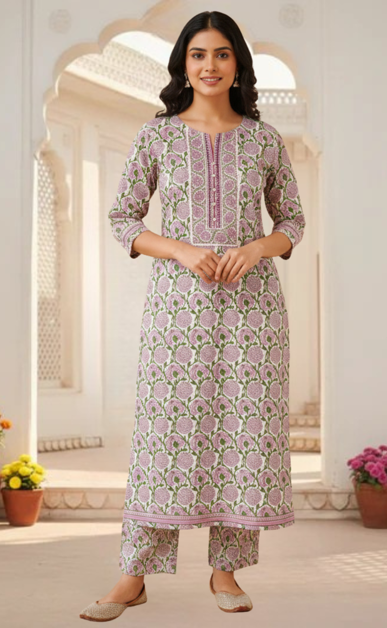 Purple Garden Jaipur Cotton Kurti With Pant And Dupatta Set. Pure Versatile Cotton. | Laces and Frills - Laces and Frills
