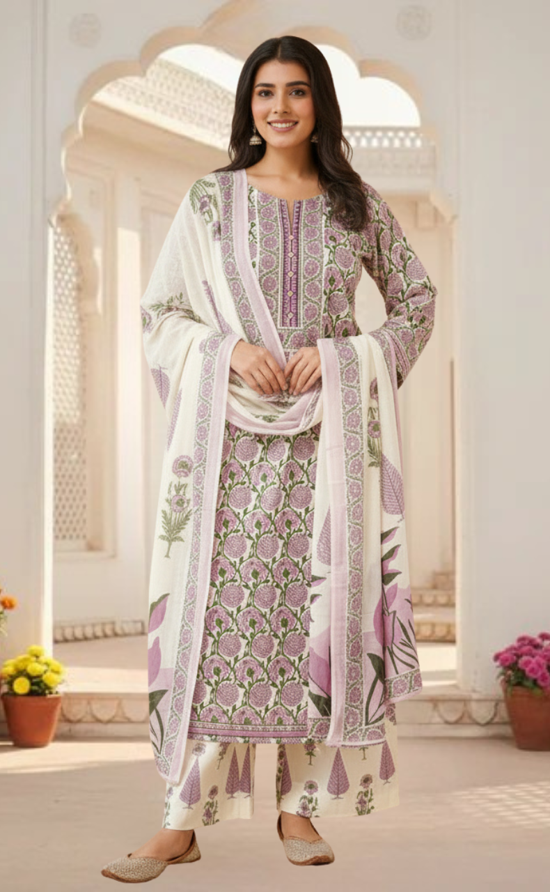 Purple Garden Jaipur Cotton Kurti With Pant And Dupatta Set. Pure Versatile Cotton. | Laces and Frills - Laces and Frills