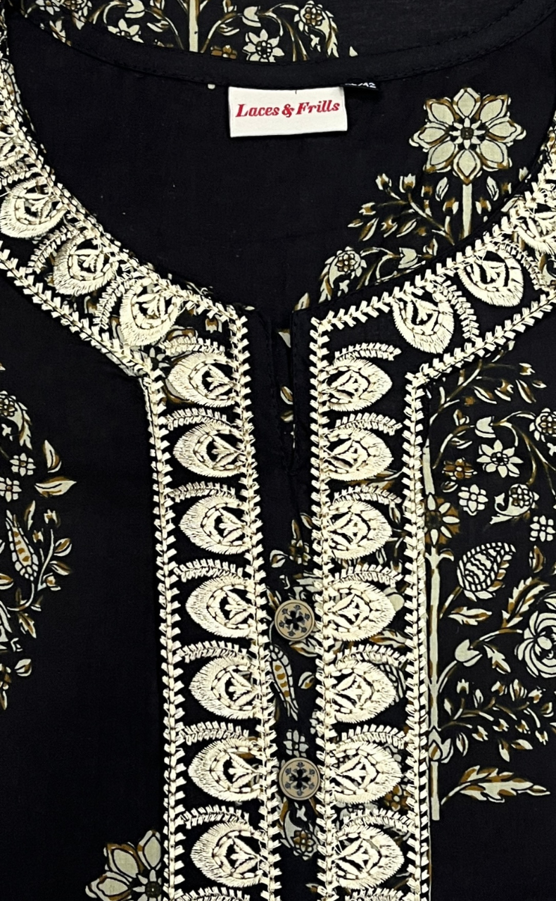 Black Garden Jaipur Cotton Kurti With Pant And Dupatta Set. Pure Versatile Cotton. | Laces and Frills - Laces and Frills