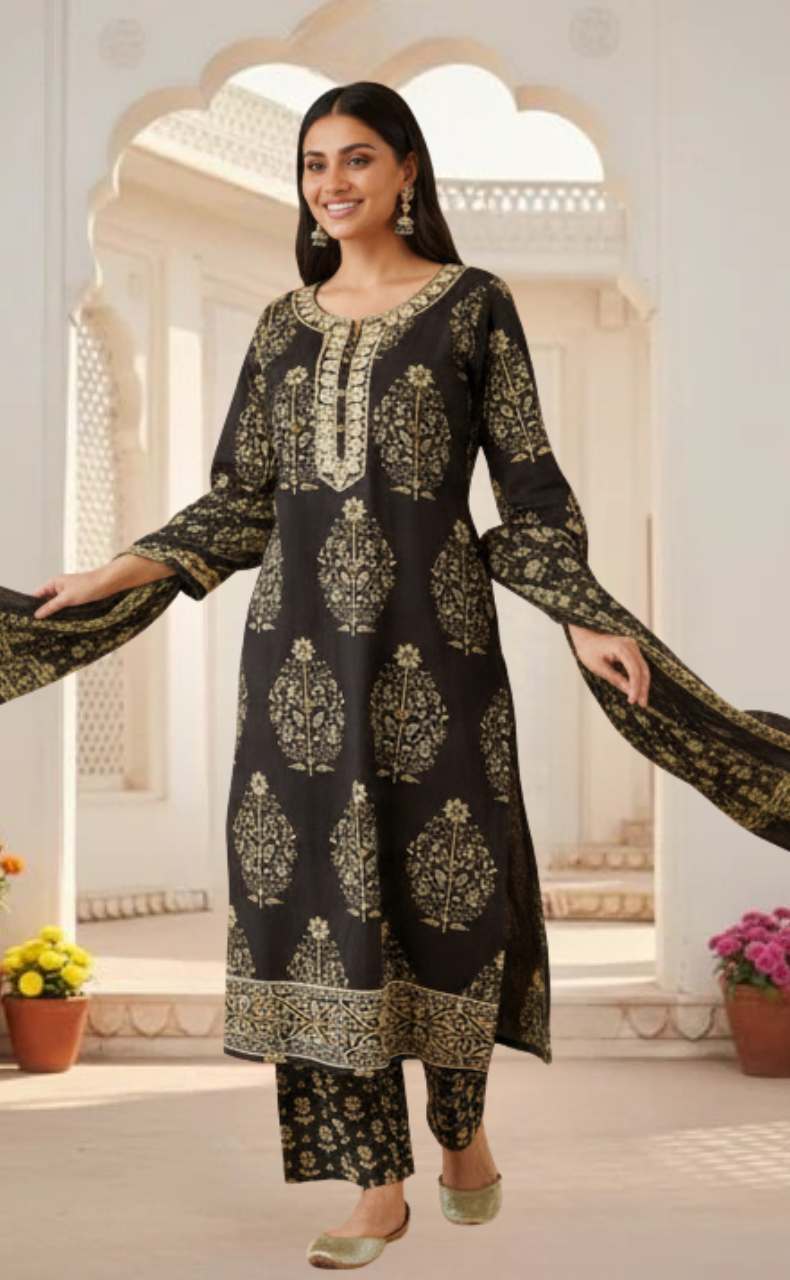 Black Garden Jaipur Cotton Kurti With Pant And Dupatta Set. Pure Versatile Cotton. | Laces and Frills - Laces and Frills