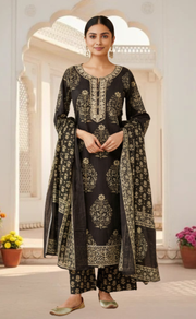 Black Garden Jaipur Cotton Kurti With Pant And Dupatta Set. Pure Versatile Cotton. | Laces and Frills - Laces and Frills
