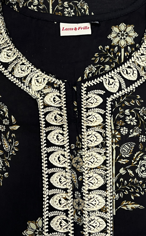 Black Garden Jaipur Cotton Kurti With Pant And Dupatta Set. Pure Versatile Cotton. | Laces and Frills - Laces and Frills