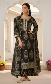 Black Garden Jaipur Cotton Kurti With Pant And Dupatta Set. Pure Versatile Cotton. | Laces and Frills - Laces and Frills