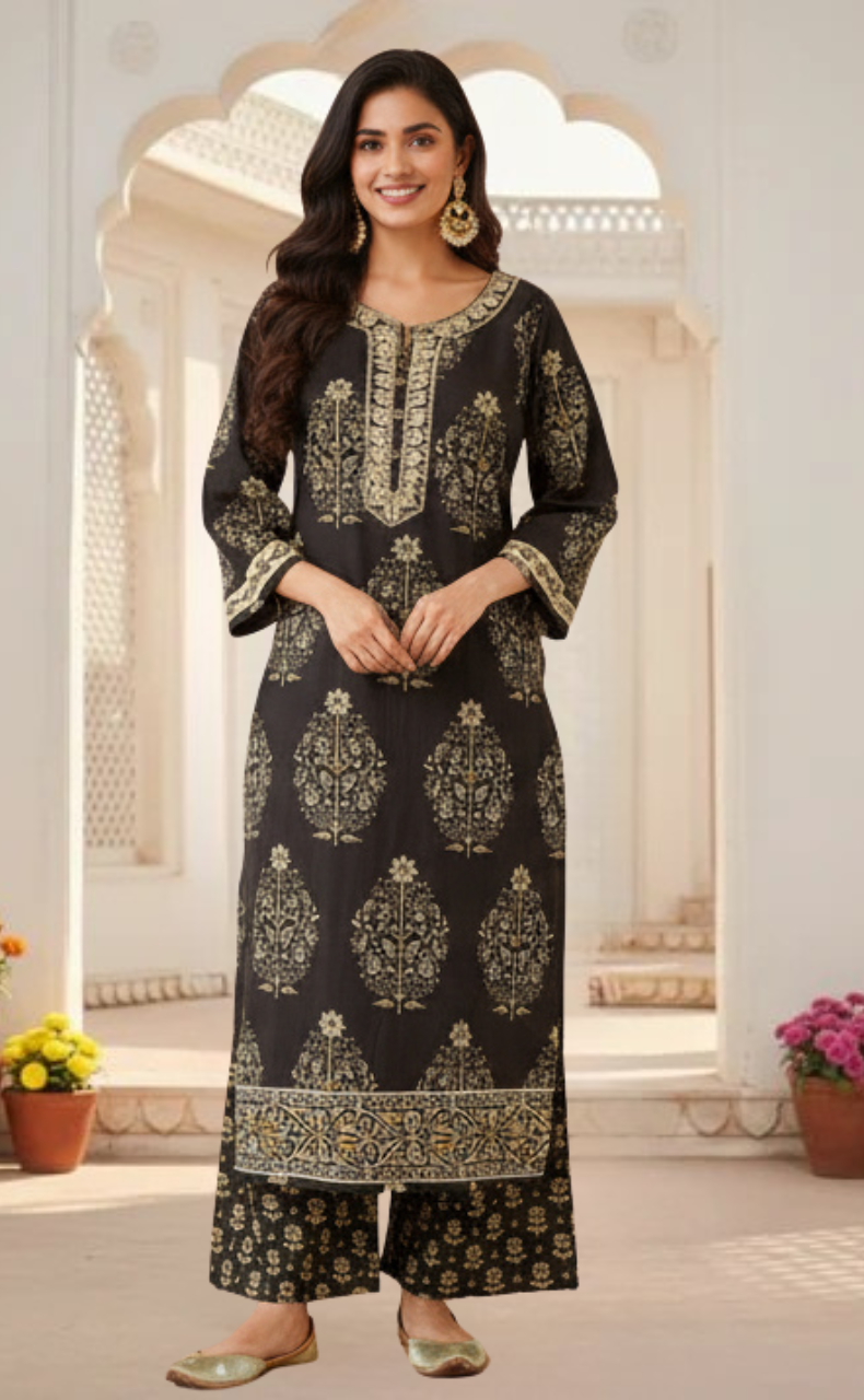 Black Garden Jaipur Cotton Kurti With Pant And Dupatta Set. Pure Versatile Cotton. | Laces and Frills - Laces and Frills