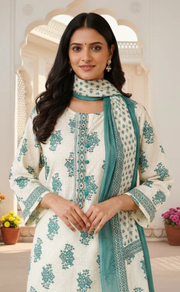 Sea Green Floral Jaipur Cotton Kurti With Pant And Dupatta Set. Pure Versatile Cotton. | Laces and Frills - Laces and Frills