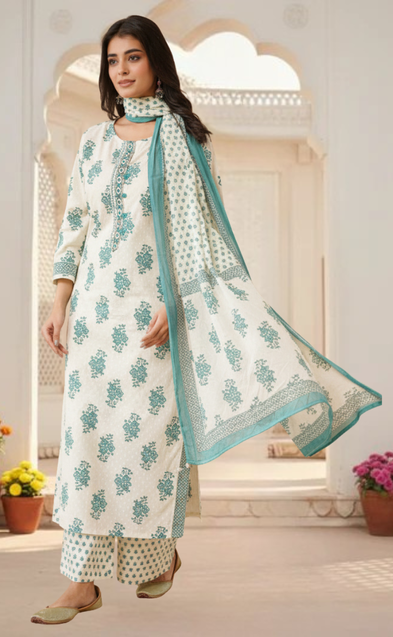 Sea Green Floral Jaipur Cotton Kurti With Pant And Dupatta Set. Pure Versatile Cotton. | Laces and Frills - Laces and Frills