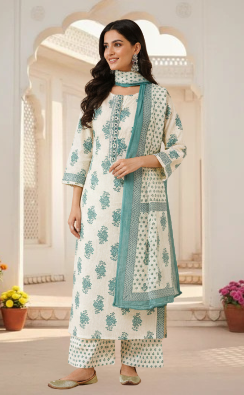 Sea Green Floral Jaipur Cotton Kurti With Pant And Dupatta Set. Pure Versatile Cotton. | Laces and Frills - Laces and Frills