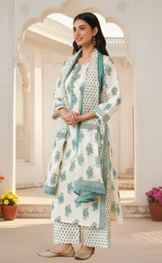Sea Green Floral Jaipur Cotton Kurti With Pant And Dupatta Set. Pure Versatile Cotton. | Laces and Frills - Laces and Frills