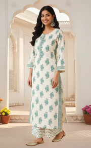 Sea Green Floral Jaipur Cotton Kurti With Pant And Dupatta Set. Pure Versatile Cotton. | Laces and Frills - Laces and Frills