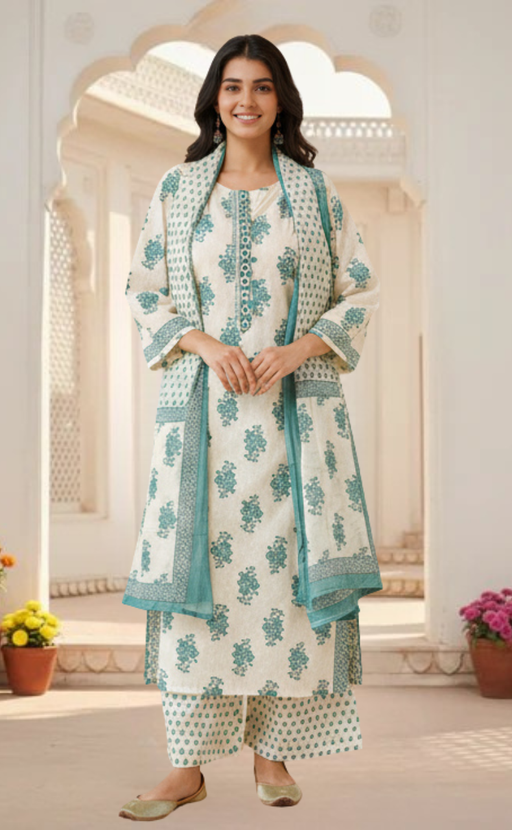 Sea Green Floral Jaipur Cotton Kurti With Pant And Dupatta Set. Pure Versatile Cotton. | Laces and Frills - Laces and Frills