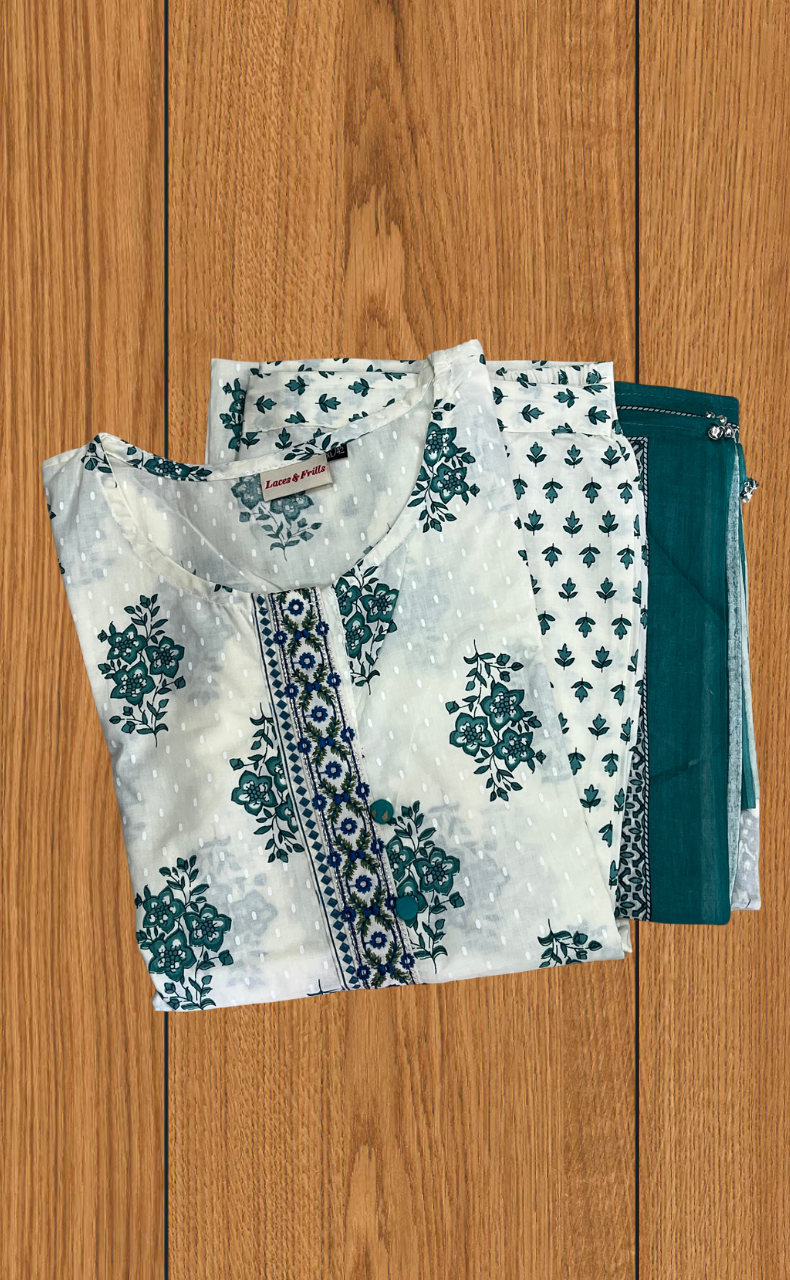 Sea Green Floral Jaipur Cotton Kurti With Pant And Dupatta Set. Pure Versatile Cotton. | Laces and Frills - Laces and Frills