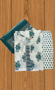 Sea Green Floral Jaipur Cotton Kurti With Pant And Dupatta Set. Pure Versatile Cotton. | Laces and Frills - Laces and Frills