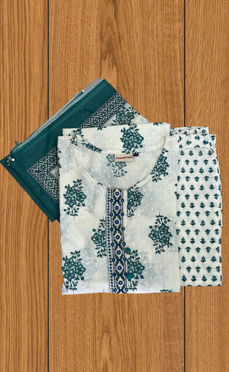 Sea Green Floral Jaipur Cotton Kurti With Pant And Dupatta Set. Pure Versatile Cotton. | Laces and Frills - Laces and Frills