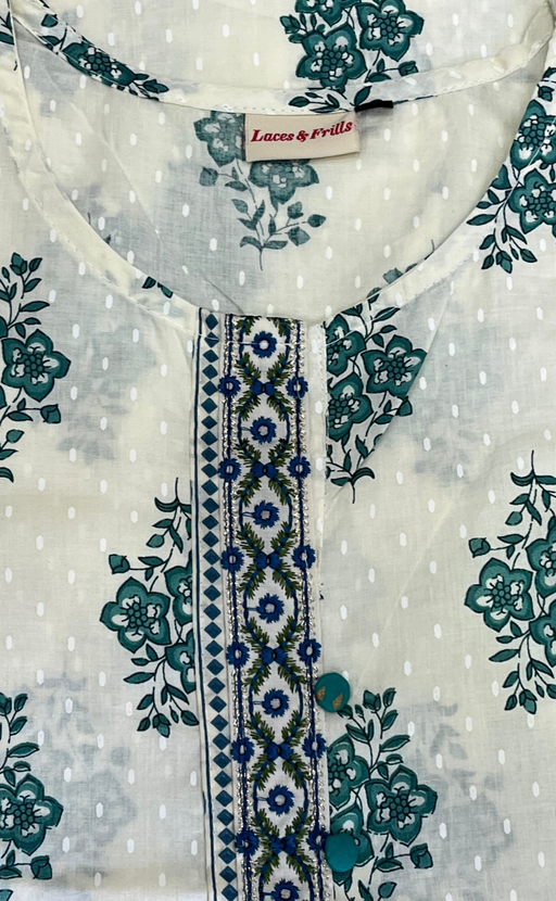Sea Green Floral Jaipur Cotton Kurti With Pant And Dupatta Set. Pure Versatile Cotton. | Laces and Frills - Laces and Frills