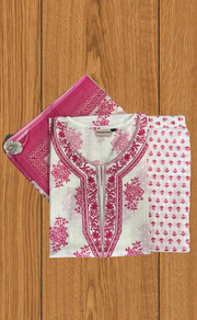Pink Floral Jaipur Cotton Kurti With Pant And Dupatta Set. Pure Versatile Cotton. | Laces and Frills - Laces and Frills