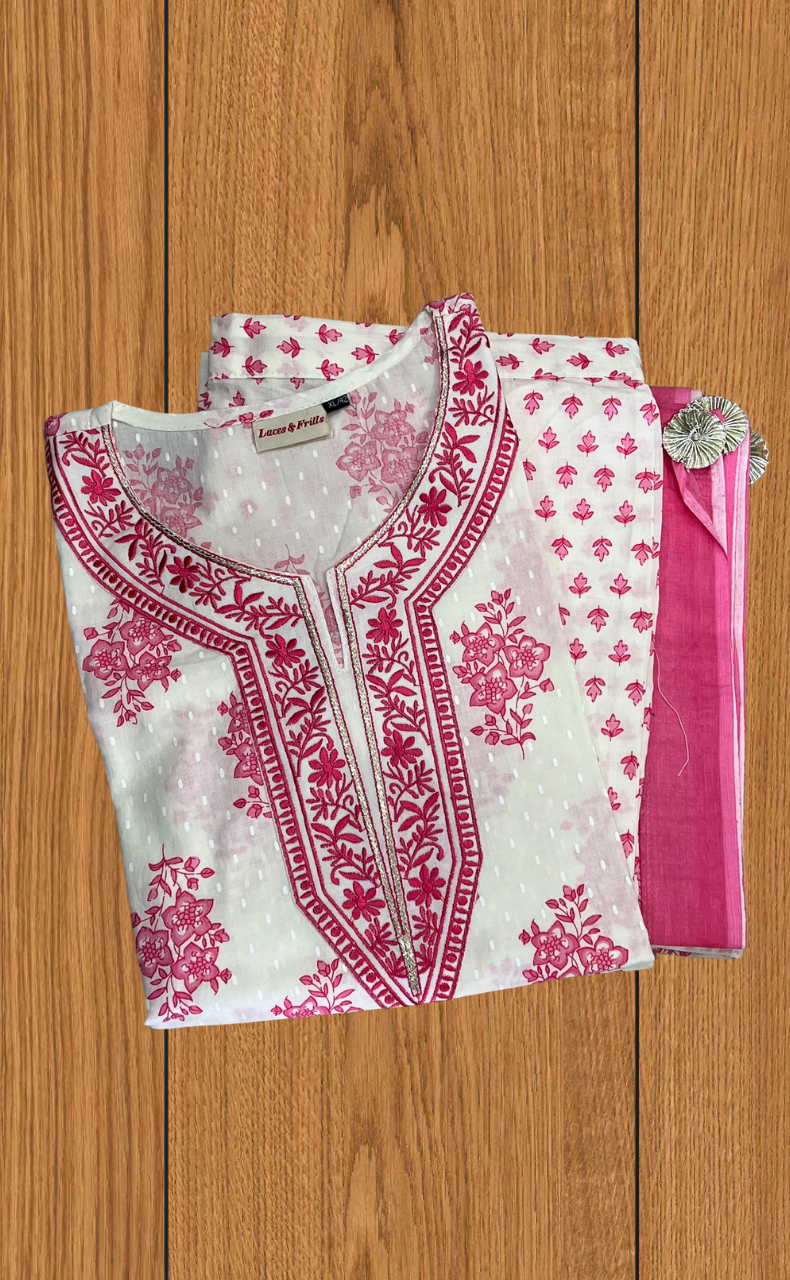 Pink Floral Jaipur Cotton Kurti With Pant And Dupatta Set. Pure Versatile Cotton. | Laces and Frills - Laces and Frills