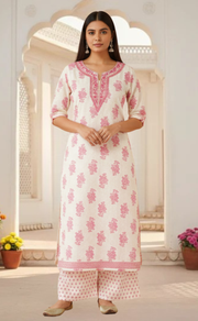 Pink Floral Jaipur Cotton Kurti With Pant And Dupatta Set. Pure Versatile Cotton. | Laces and Frills - Laces and Frills
