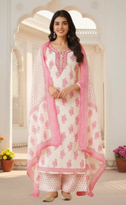 Pink Floral Jaipur Cotton Kurti With Pant And Dupatta Set. Pure Versatile Cotton. | Laces and Frills - Laces and Frills