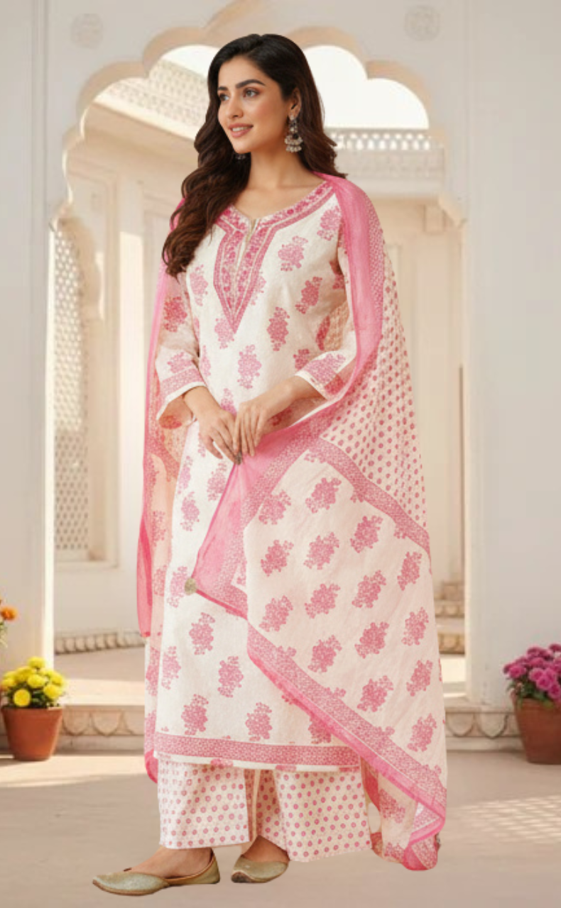 Pink Floral Jaipur Cotton Kurti With Pant And Dupatta Set. Pure Versatile Cotton. | Laces and Frills - Laces and Frills