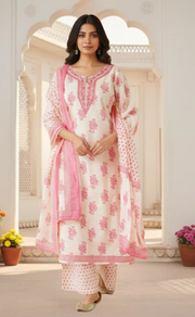 Pink Floral Jaipur Cotton Kurti With Pant And Dupatta Set. Pure Versatile Cotton. | Laces and Frills - Laces and Frills