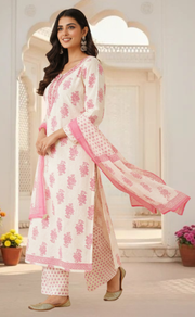 Pink Floral Jaipur Cotton Kurti With Pant And Dupatta Set. Pure Versatile Cotton. | Laces and Frills - Laces and Frills