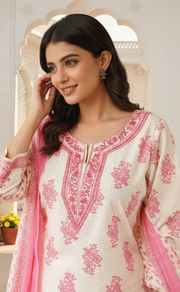 Pink Floral Jaipur Cotton Kurti With Pant And Dupatta Set. Pure Versatile Cotton. | Laces and Frills - Laces and Frills