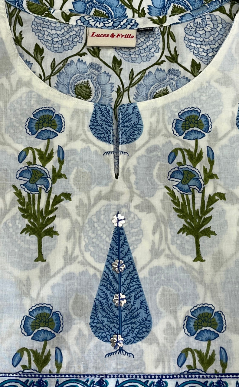 Light Blue Garden Jaipur Cotton Kurti With Pant And Dupatta Set. Pure Versatile Cotton. | Laces and Frills - Laces and Frills