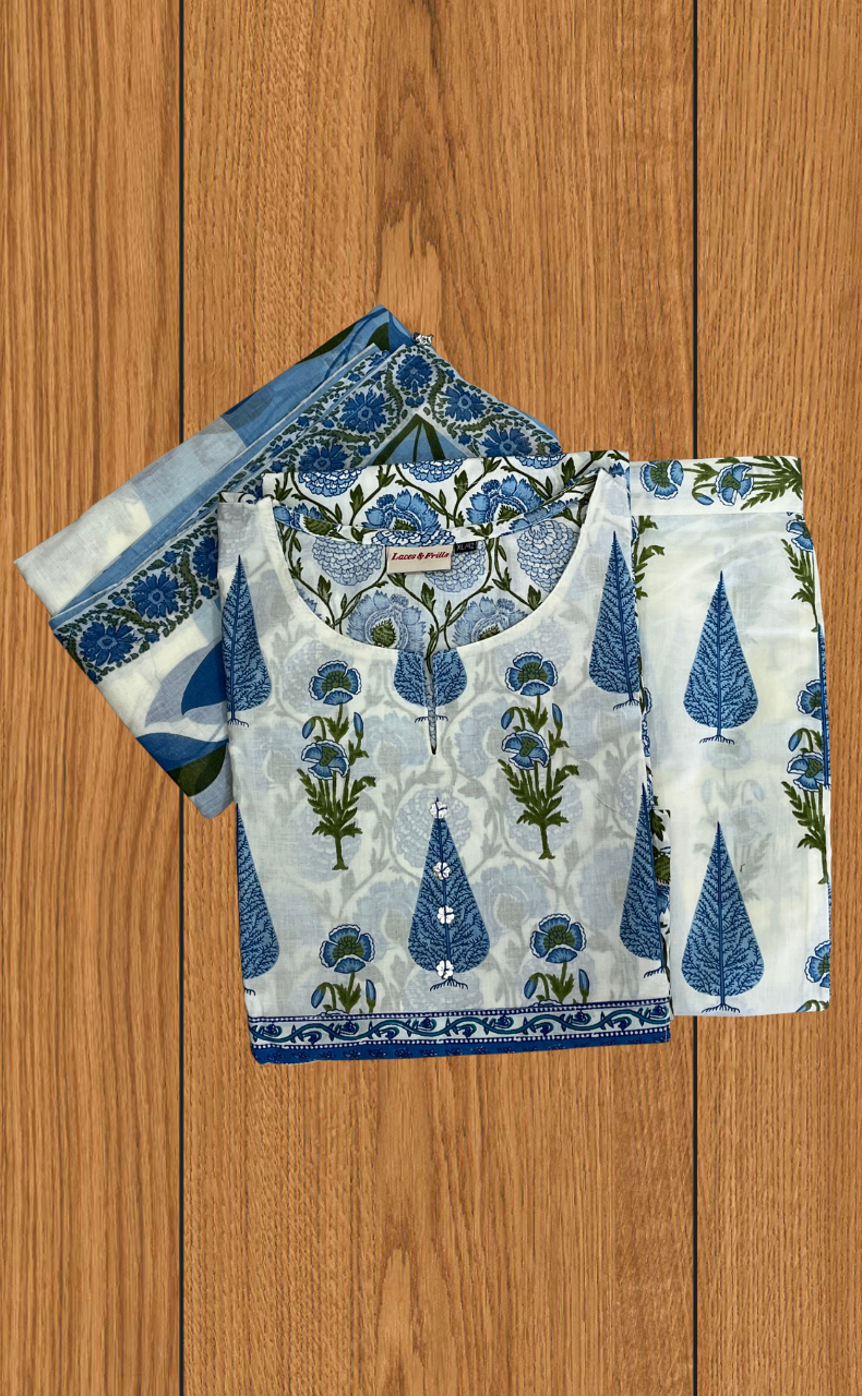 Light Blue Garden Jaipur Cotton Kurti With Pant And Dupatta Set. Pure Versatile Cotton. | Laces and Frills - Laces and Frills