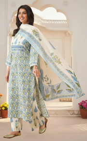 Light Blue Garden Jaipur Cotton Kurti With Pant And Dupatta Set. Pure Versatile Cotton. | Laces and Frills - Laces and Frills