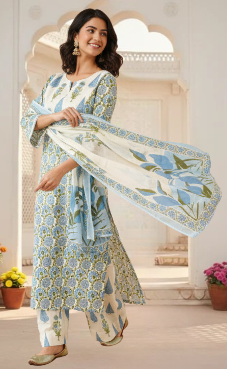 Light Blue Garden Jaipur Cotton Kurti With Pant And Dupatta Set. Pure Versatile Cotton. | Laces and Frills - Laces and Frills