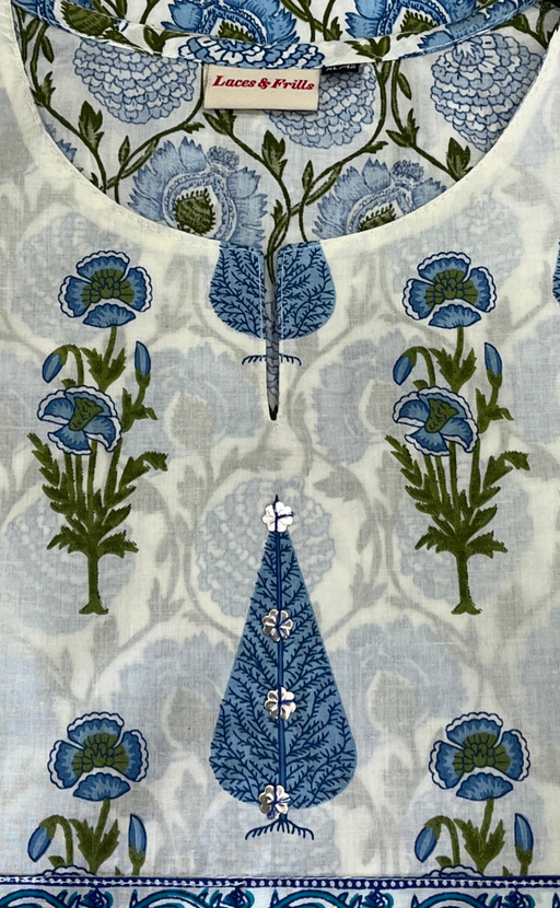 Light Blue Garden Jaipur Cotton Kurti With Pant And Dupatta Set. Pure Versatile Cotton. | Laces and Frills - Laces and Frills