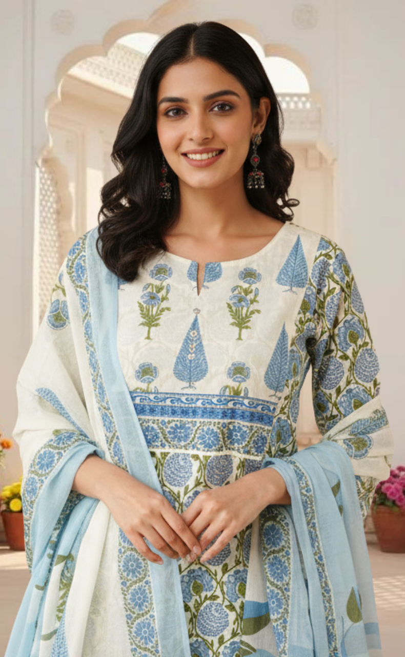 Light Blue Garden Jaipur Cotton Kurti With Pant And Dupatta Set. Pure Versatile Cotton. | Laces and Frills - Laces and Frills