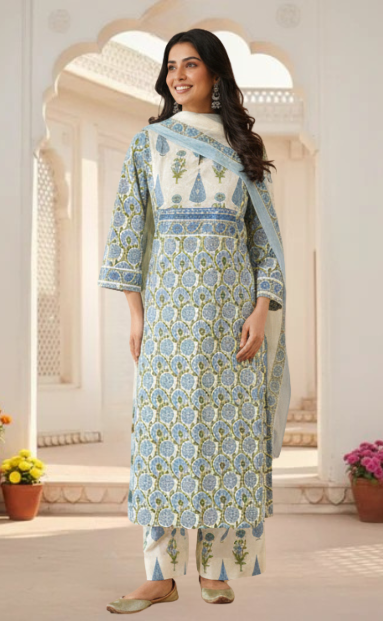 Light Blue Garden Jaipur Cotton Kurti With Pant And Dupatta Set. Pure Versatile Cotton. | Laces and Frills - Laces and Frills