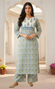 Light Blue Garden Jaipur Cotton Kurti With Pant And Dupatta Set. Pure Versatile Cotton. | Laces and Frills - Laces and Frills