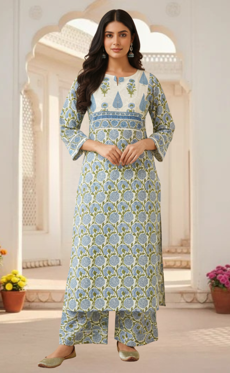 Light Blue Garden Jaipur Cotton Kurti With Pant And Dupatta Set. Pure Versatile Cotton. | Laces and Frills - Laces and Frills
