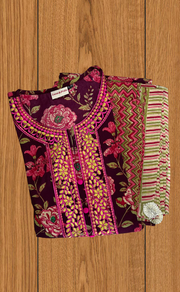Maroon Embroidery Kurti With Pant And Dupatta Set .Pure Versatile Cotton. | Laces and Frills - Laces and Frills
