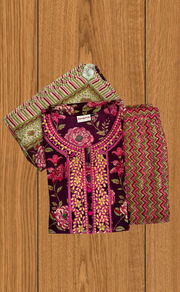 Maroon Embroidery Kurti With Pant And Dupatta Set .Pure Versatile Cotton. | Laces and Frills - Laces and Frills