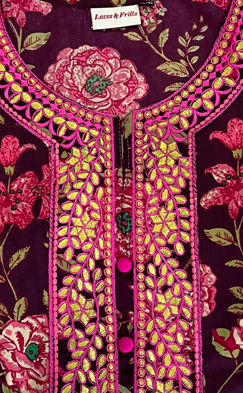 Maroon Embroidery Kurti With Pant And Dupatta Set .Pure Versatile Cotton. | Laces and Frills - Laces and Frills
