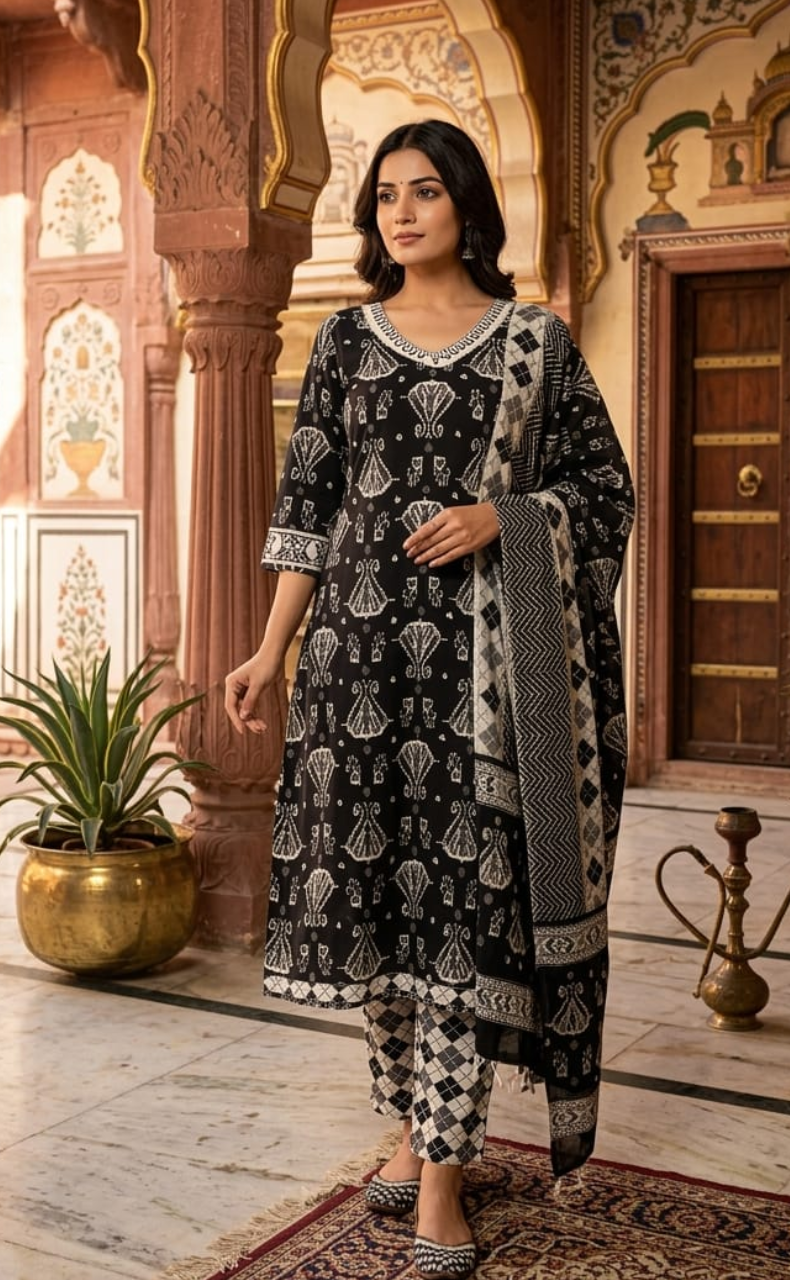 Black Ikkat Jaipur Cotton Kurti With Pant And Dupatta Set  .Pure Versatile Cotton. | Laces and Frills - Laces and Frills
