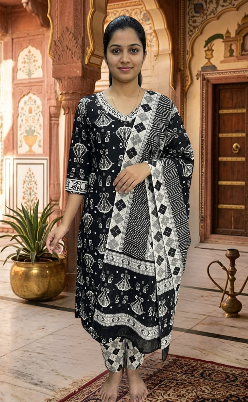 Black Ikkat Jaipur Cotton Kurti With Pant And Dupatta Set  .Pure Versatile Cotton. | Laces and Frills - Laces and Frills