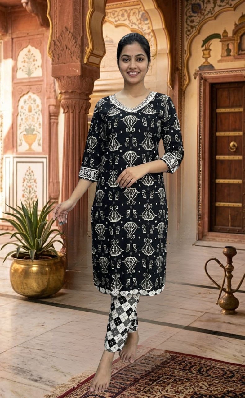 Black Ikkat Jaipur Cotton Kurti With Pant And Dupatta Set  .Pure Versatile Cotton. | Laces and Frills - Laces and Frills