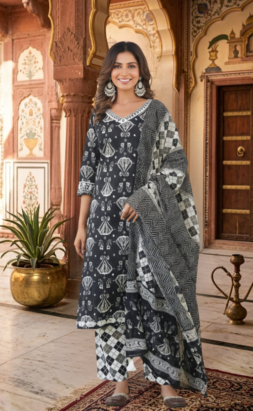 Black Ikkat Jaipur Cotton Kurti With Pant And Dupatta Set  .Pure Versatile Cotton. | Laces and Frills - Laces and Frills