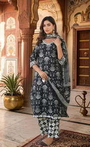 Black Ikkat Jaipur Cotton Kurti With Pant And Dupatta Set  .Pure Versatile Cotton. | Laces and Frills - Laces and Frills