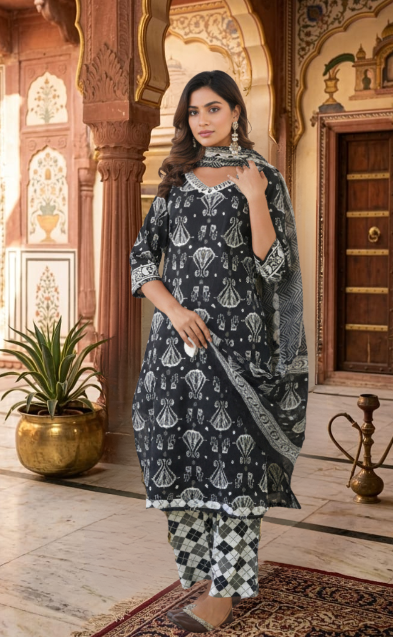 Black Ikkat Jaipur Cotton Kurti With Pant And Dupatta Set  .Pure Versatile Cotton. | Laces and Frills - Laces and Frills