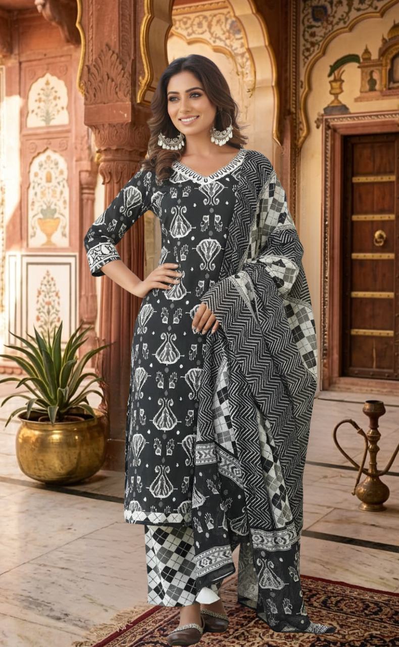 Black Ikkat Jaipur Cotton Kurti With Pant And Dupatta Set  .Pure Versatile Cotton. | Laces and Frills - Laces and Frills