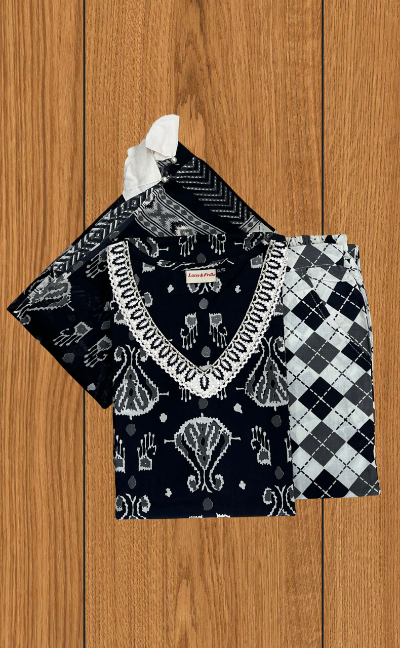 Black Ikkat Jaipur Cotton Kurti With Pant And Dupatta Set  .Pure Versatile Cotton. | Laces and Frills - Laces and Frills
